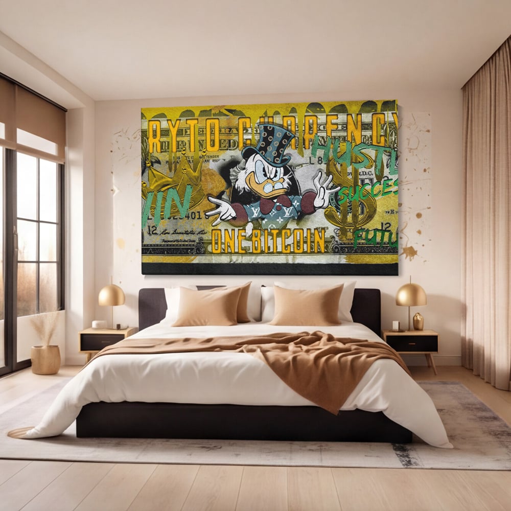 Tablou canvas cu tablou canvas cu donald duck si bitcoin, fara rama, pe sasiu de lemn, pe perete intr-un dormitor